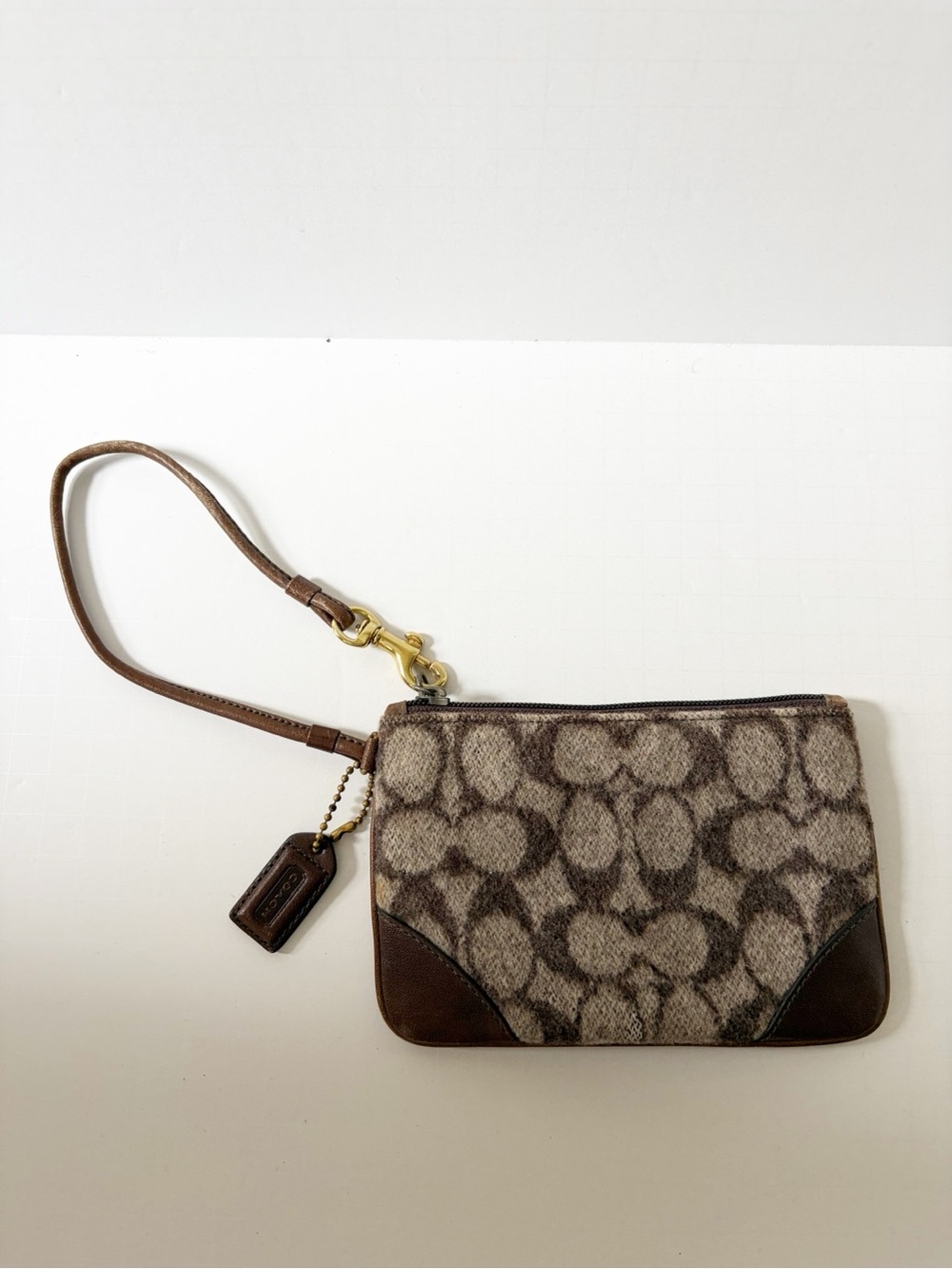 Vintage Coach Signature Wristlet in Brown and Beige Wool Signature Monogram 6"